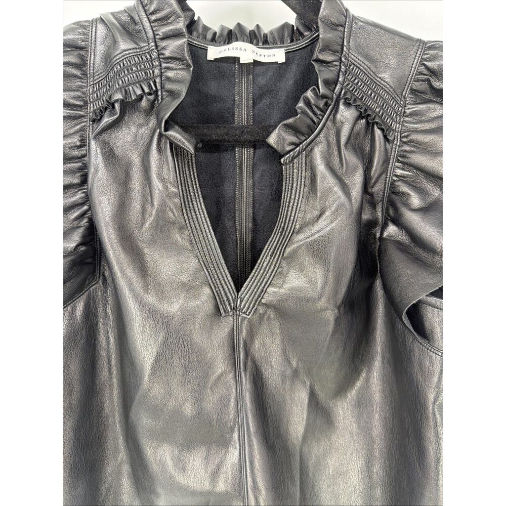 Melissa Nepton Kamilla Black Faux Leather Ruffle Cap Sleeve Top L - Picture 3 of 6